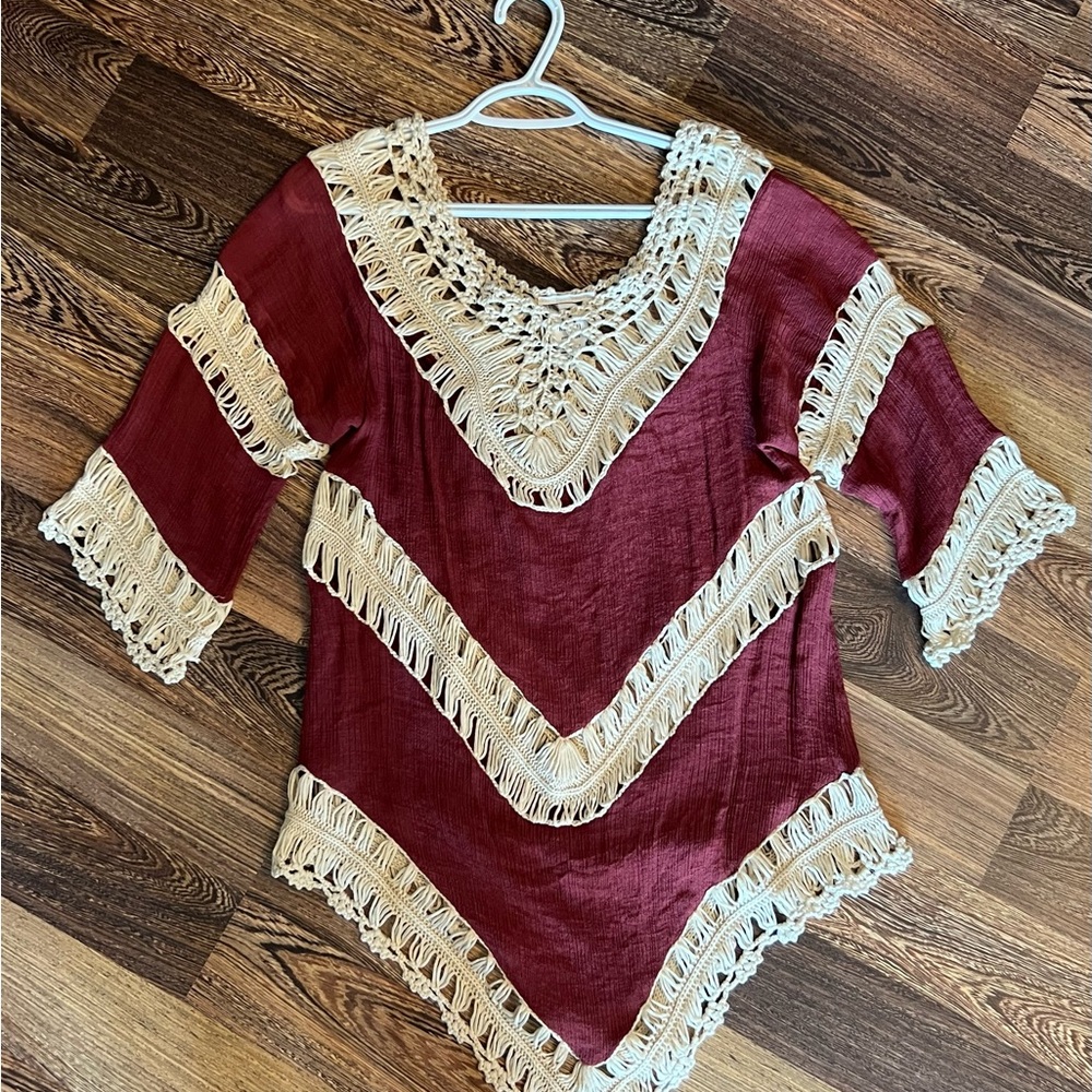 Boho Burgundy and Cream Crochet Trim Swim Cover Up